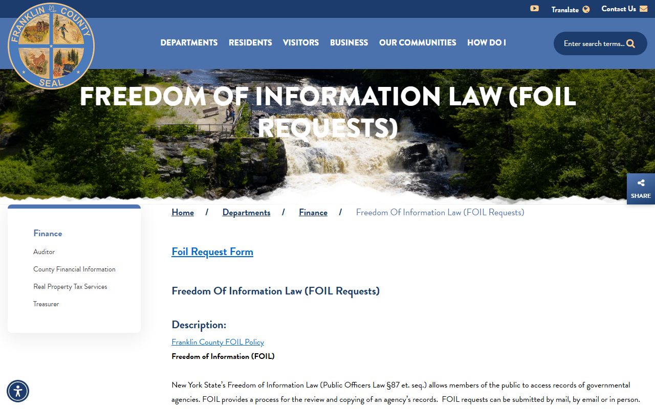 Franklin County inmate population FOIL request page for jail records